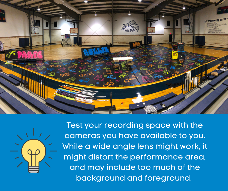 Test your recording space with the cameras you have available to you. While a wide angle lens might work, it might distort the performance area. 