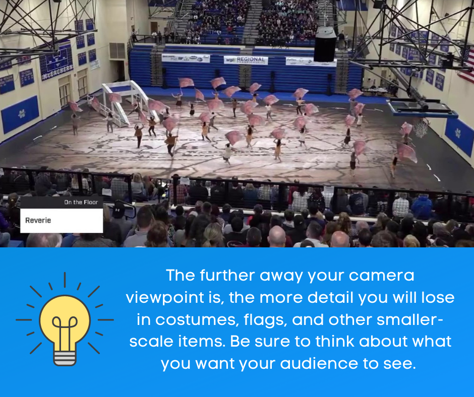 The further away your camera viewpoint is, the more detail you will lose in costumes, flags, and other small-scale items. Be sure to think about what you want your audience to see. 