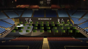 A set of Fusion World Winterguard's 2020 flag designs placed on a virtual UD Arena.