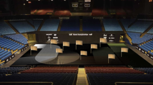 A set of Fusion World Winterguard's 2020 flag designs placed on a virtual UD Arena.