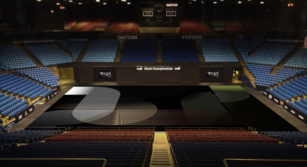 Fusion World Winterguard's 2020 floor tarp placed on a virtual UD Arena.